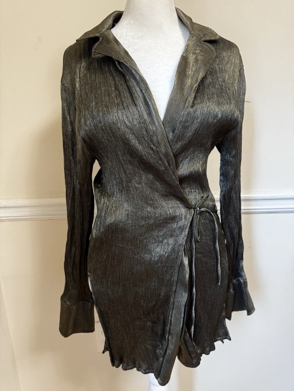 Zara Women’s S Metallic Wrap Blouse Long Sleeve Tie Waist